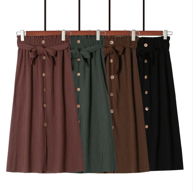 Трикотажная длинная юбка на одной пуговице для женщин однотонная плиссированная