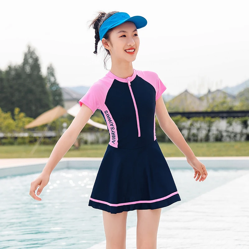 

Vintage Juvenile One Piece Swimwsuit Girls Swimwear Women Retro Skirt Dress Swimming Bathing Suit Front Zipper Quick Dry 2022