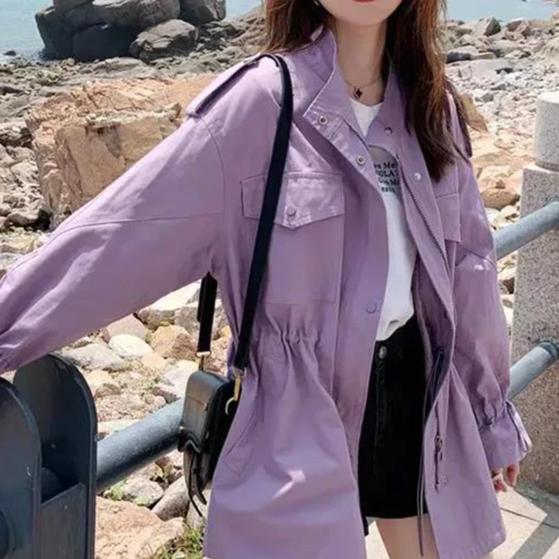 

2021 new spring women's windbreaker casual basic coat pocket zipper button long sleeve women loose solid color jacket