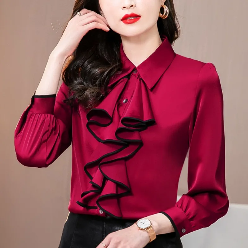 Women Elegant TuxedoTops Flounce Frill Blouses Satin Silk Long Sleeve Formal Business Office Lady Work Wear Shirts Female Blusas