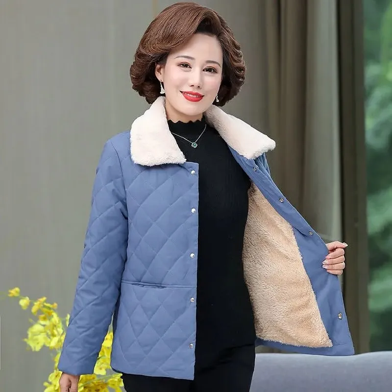 

Winter's Big sized 5XL faux fur collar Coats Women Thick button Plush Lining Parkaackets Fashion mother's Black Outwears slimmer