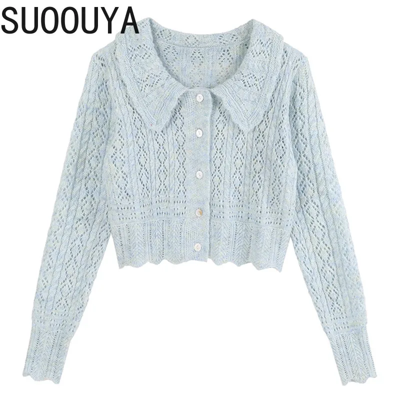 

[SUOOUYA] Women Vintage Hollow Out Knitting Cardigan Sweater Loose Fit Lapel Long Sleeve New Fashion Tide Spring Autumn 2021