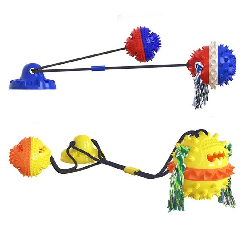 

Multifunctional powerful sucker molar teeth bite resistant ball toy with single sucker plus double ball pet dog teeth cleaning