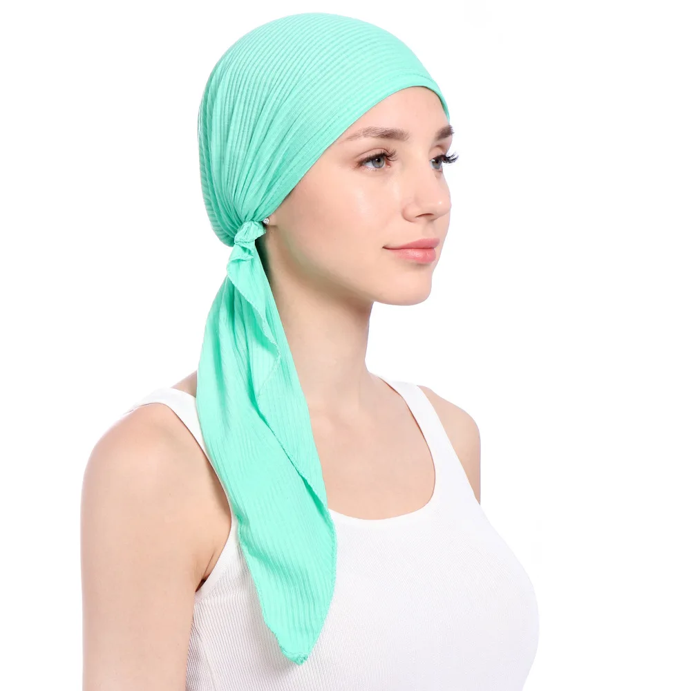 

Pleated arc solid color headtie two tail striped cotton cap
