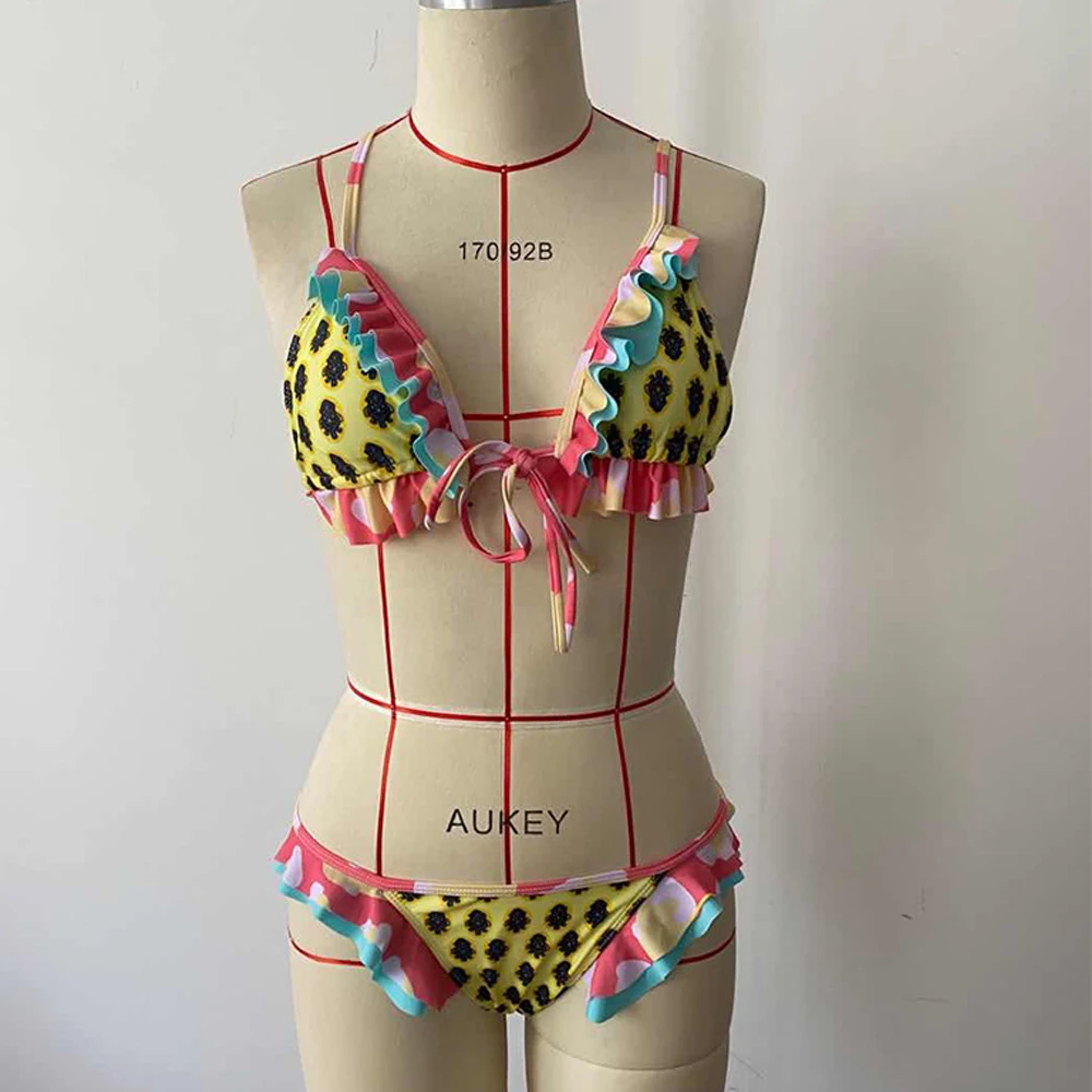 

2021 New Ruffle Bikinis Women Swimsuit Cross Bandage Swimwear Push Up Bikini Set Beachwear Bathing Suit Brazilian Biquni Print