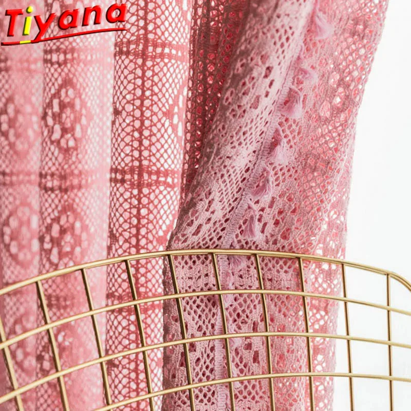 

Pink/Green Knit Hollow out Window Drapes for Balcony Modern Openwork Lace Curtains for Living Room Can Be TableCloth X-M182#VT
