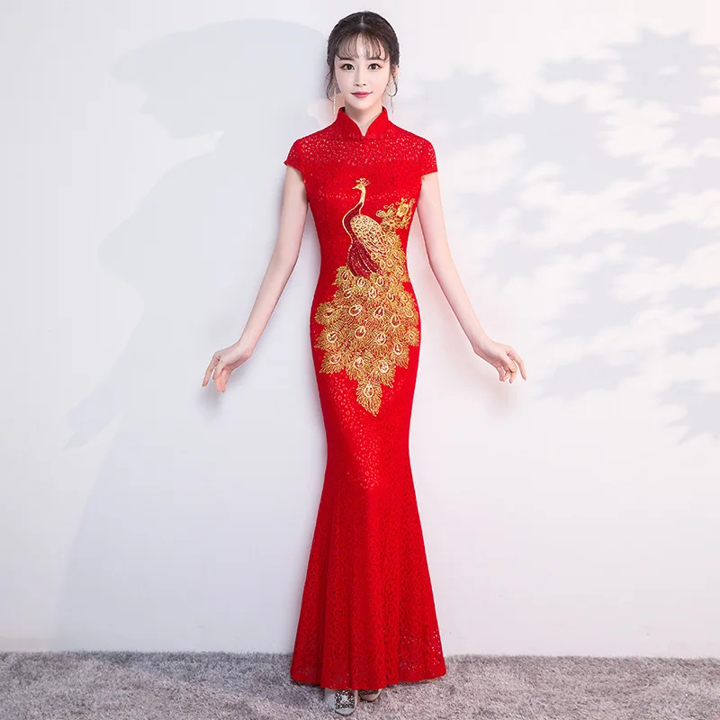

Red Embroidery Traditional Chinese Dress Women Elegant Slim Cheongsam Fashion Lace Bride Wedding Party Dresses Gown Vestidos