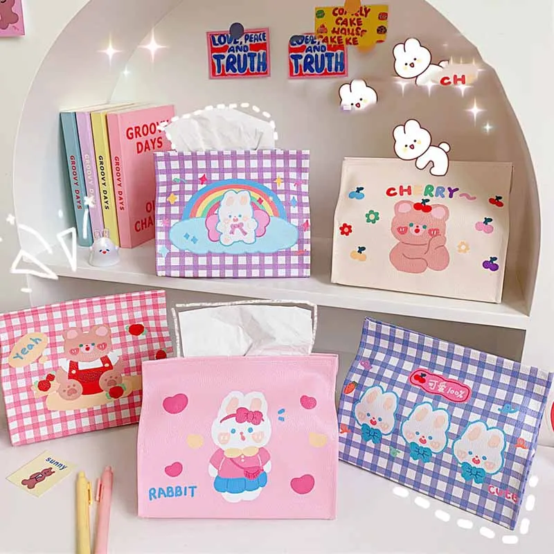 

Kawaii Cartoon Bear Rabbit Tissue Box Creative PU Desktop Tissue Storage Student Dormitory Pumping Box Car Removable Tissue Case