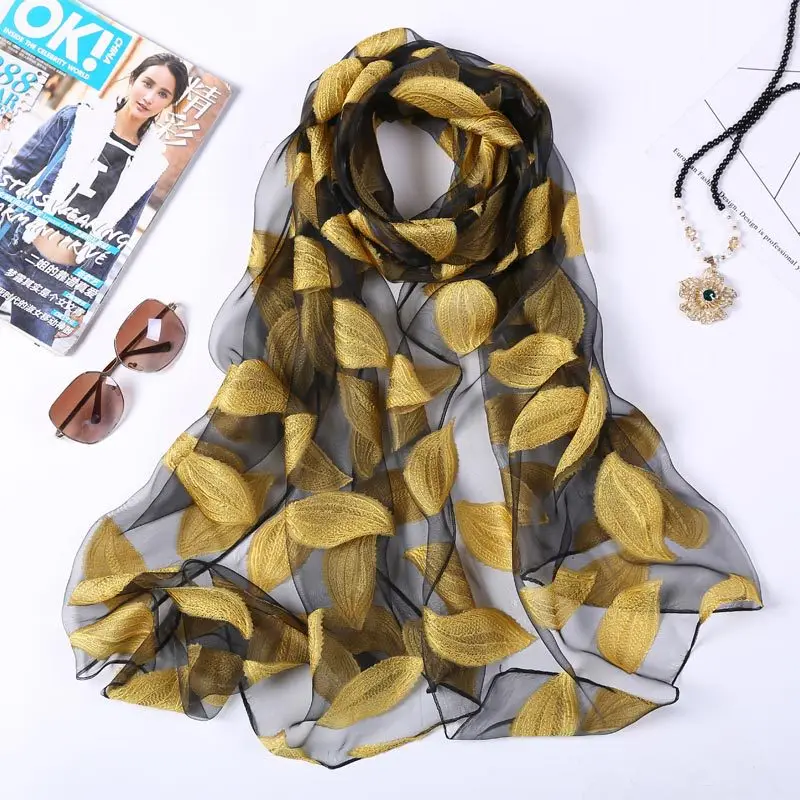 

Женский шарф с вышивкой, шелковые шарфы на весну и лето, шаль, кружевной шарф с листьями, цветочный женский платок, палантин для девочек
