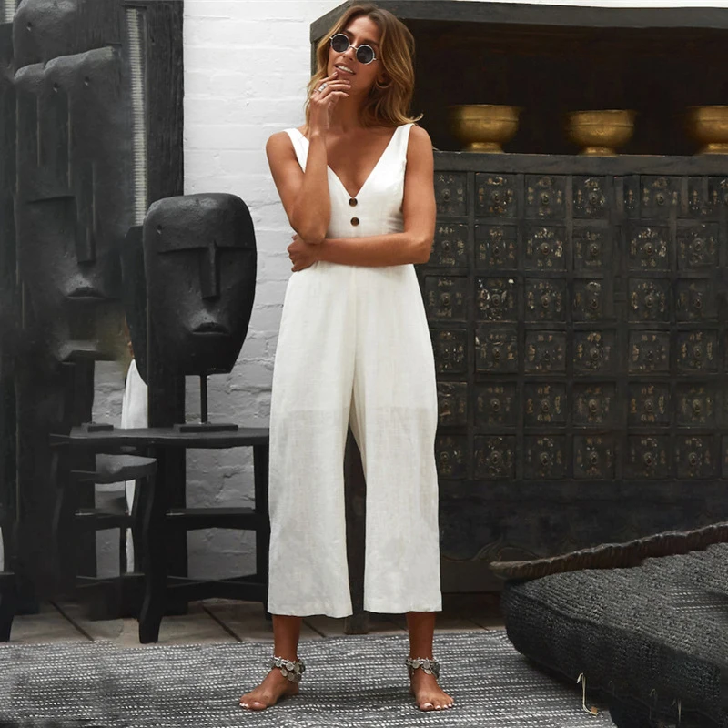 

Женский комбинезон с бантом, элегантный белый комбинезон без рукавов с V-образным вырезом и открытой спиной, комбинезоны с высокой талией и ...