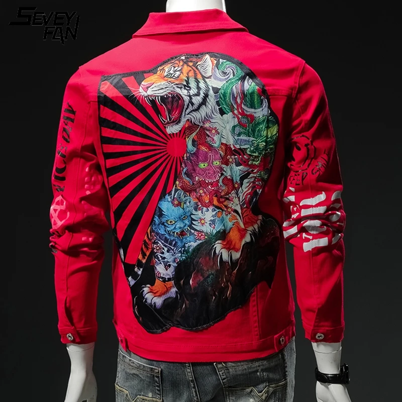 Джинсовая куртка мужская с принтом тигра Модная приталенная из денима в стиле