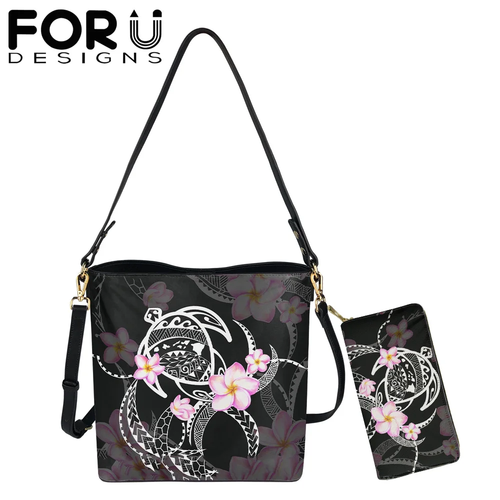 

Модный комплект FORUDESIGNS из 2 предметов, Женская Роскошная Сумка-ведро и кошелек с морской черепашкой, Плюмерия, полинезийский принт, повседне...