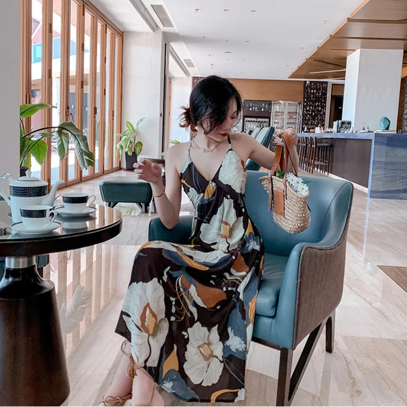 

#3959 Printed Bohemian Dress Women V Neck A-line Spaghetti Strap Dress Women Vintage Chiffon Beach Sundresses Backless Summer