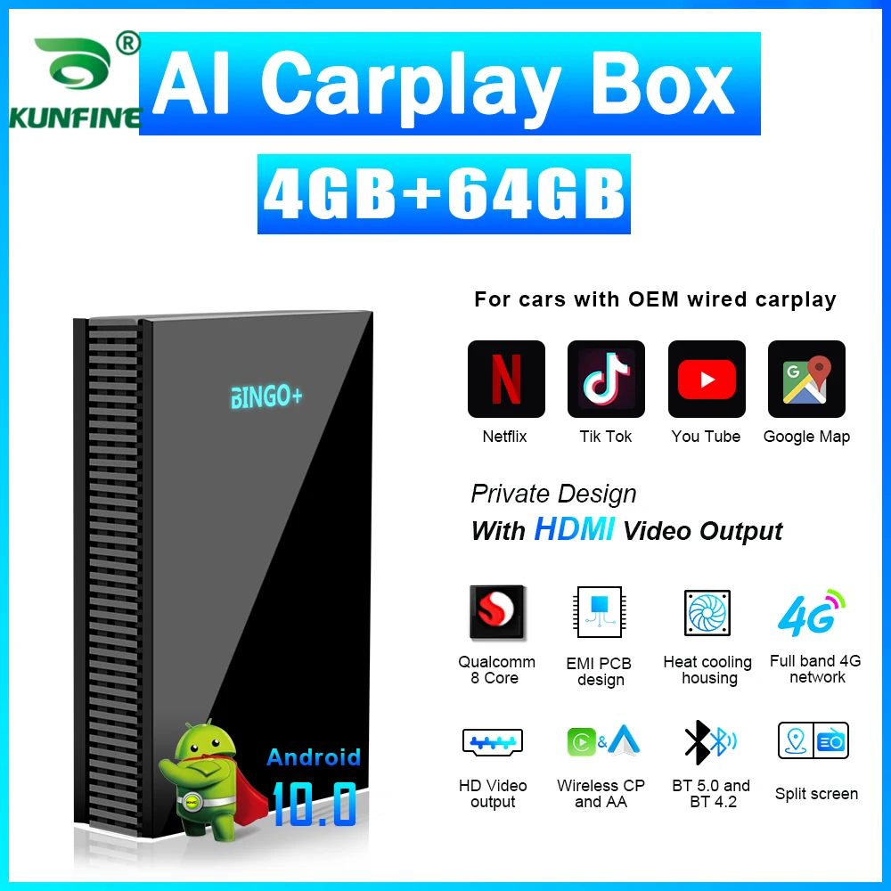 Carplay AI BOX Android 10.0 Wireless Carplay Android Auto Adapter Box Car Multimedia Player Octa Core 4+64 MINI HDMI 4G network