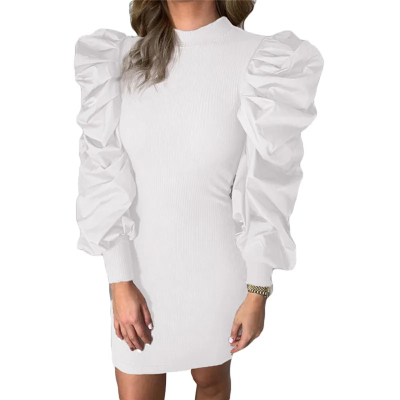 

Sexy Party Bodycon Fashion Women Wrap Dress Autumn Club Puff Sleeve Knitted Dress Crew Neck Slim Pencil Dresses Vestidos Black