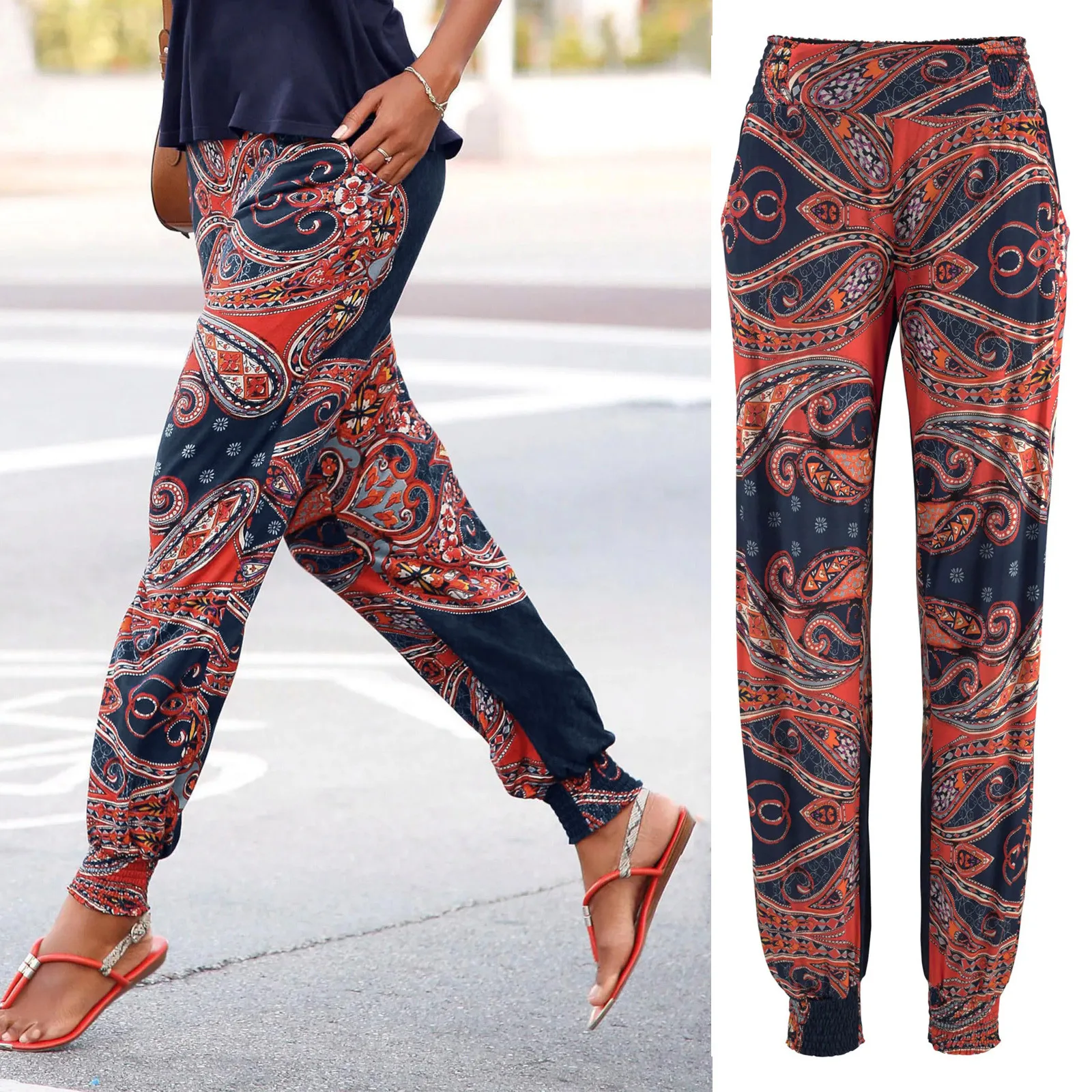 

Women High Waist Pants Printing Easy Summer Trousers Boho Beach Pockets Long Pant Pantalones De Mujer Pantalon Pour Femme