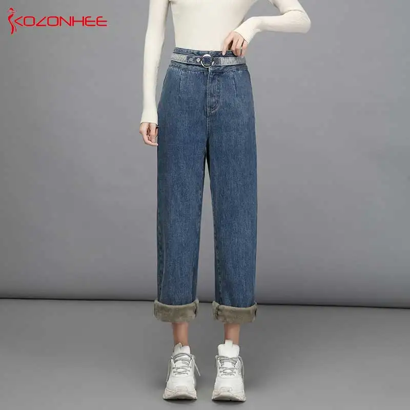 Альпака кашемир Ультра мягкие теплые джинсы женские зимние прямые с завышенной