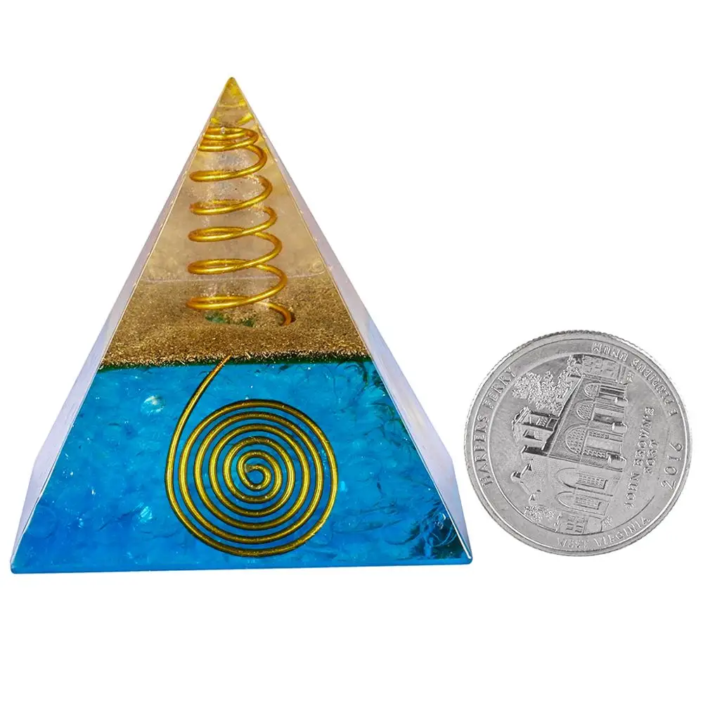 TUMBEELLUWA Healing Crystal Gold Wire Orgone Pyramid Stone Figurine Energy Generator for Meditation Reiki Balancing,Blue Color