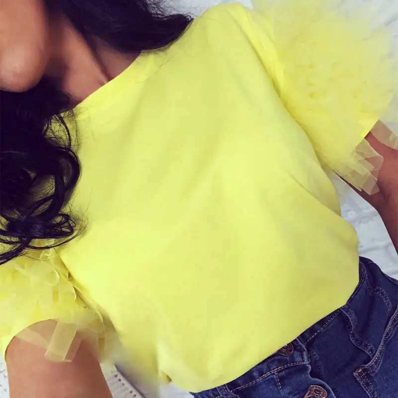 

Женская летняя свободная футболка с оборками и коротким рукавом