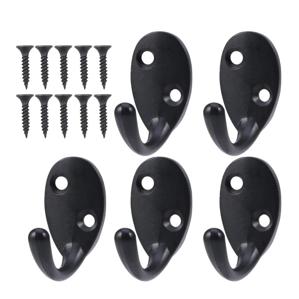 

5pcs Black Coat Hanger with 10pcs Screws Single Wall Hooks Zinc-alloy Pothook for Bathroom Toilet Dressing Room Black