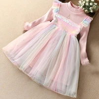 2021 spring and autumn new childrens wear princess unicorn print knitted sweater mesh dress girl star print sequin dress