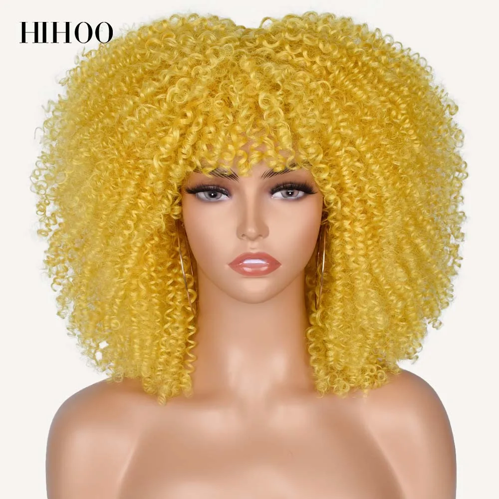 

Short Hair Afro Kinky Curly Wig With Bangs For Black Women Ginger Wig Cosplay Lolita Ombre Synthetic Natural Blonde Wig Pink