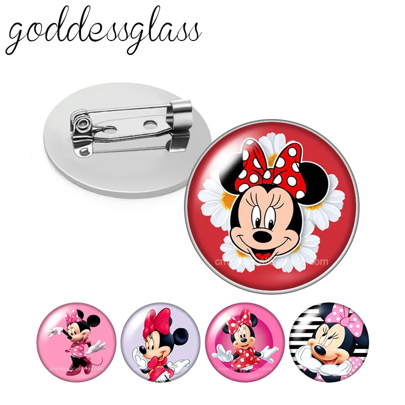 

Disney Cute Minnie mouse Round Glass cabochon Silver color Brooch Dome Photo Jewelry Brooches Pin For Gift