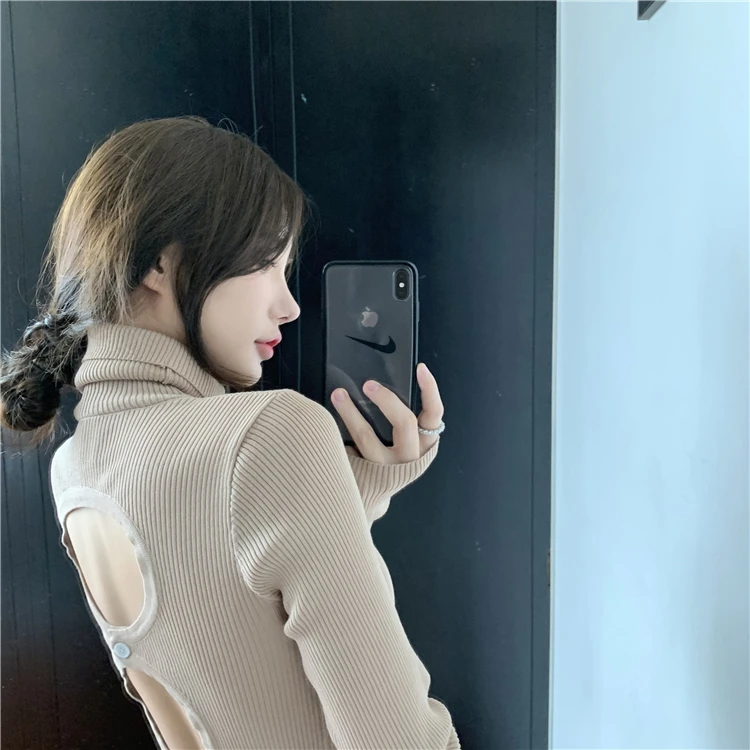 

GRUIICEEN hollow out button connection slim knitted sweater women turtleneck sweater solid color fashion sexy sweaters pullover