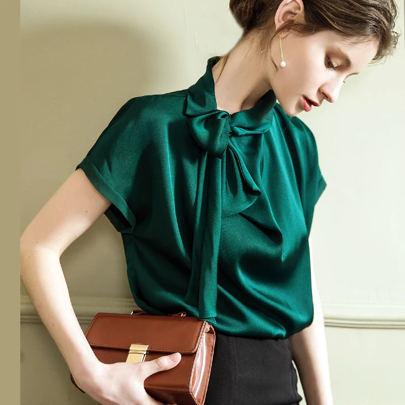 

Silky Solid Chiffon Shirt Short Sleeve Bow Elegant Luxury Retro Blouse Female Simple Ropa Para Mujer Women Clothes ED50XF