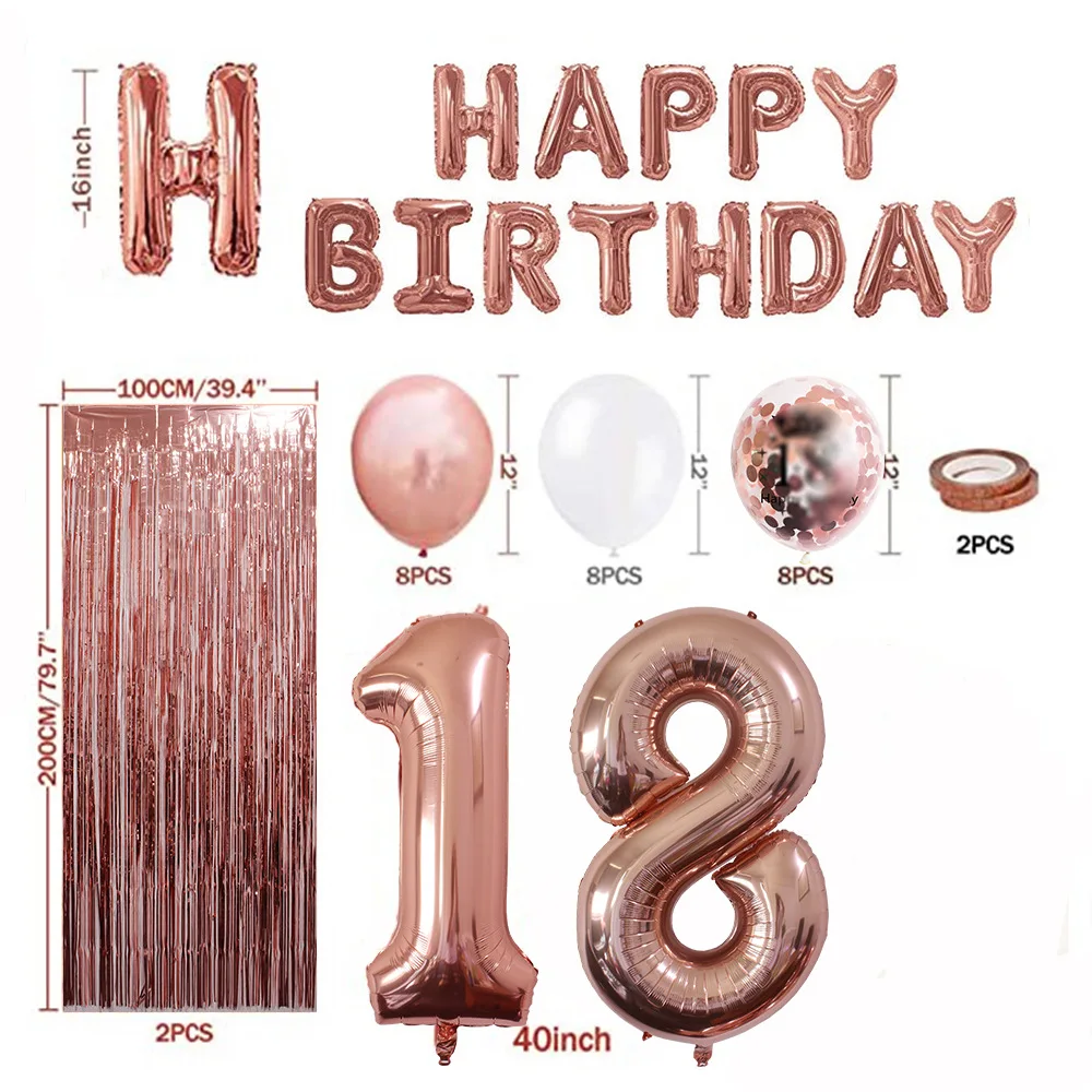 

Rose Gold Happy Birthday Balloon Set Digital Party Supplies Tassel Banner for Baby Shower Princess Ballerina Party Decoration