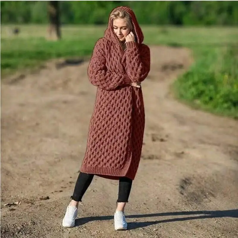 Autumn Fashion Women's Hooded Thick Knitted Sweater Cardigan Solid Plus Size Long Sleeve Winter Warm Cloak Coat |