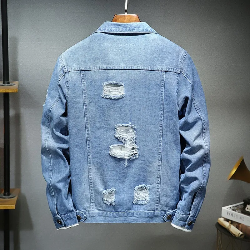 Модная демисезонная Мужская джинсовая куртка рваная ковбойская с дырками