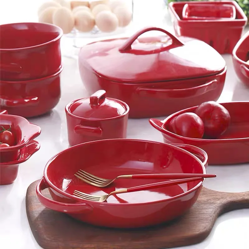 Красная керамическая Comal чаша для выпечки с крышкой двойной ушной тушью горшок