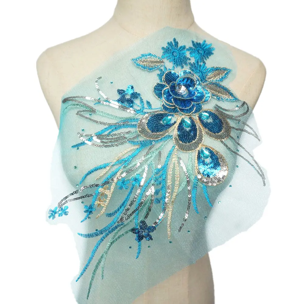 Light blue Золотые блестки, 3D цветы, кисточки, кружево, отделка, стразы, сетка, пришить патчи, вышивка для свадебной Аппликации, украшения, сделай сам - Цвет: Light blue