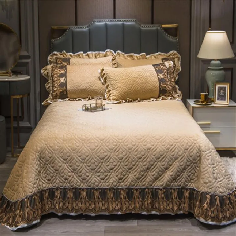 

Crystal velvet skirted bed cover luxury 3pcs bedspreads queen size king size bedskirt solid color velvet bed sheet multi-style