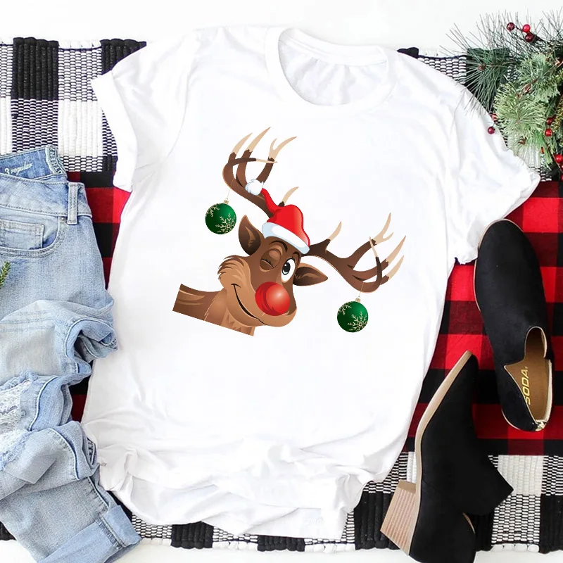 

Women Lady Print T-shirts Kawaii Clothes Graphic T-shirt Funny Cartoon Pattern Santa Claus Elk Cute Clothing Merry Christmas Tee