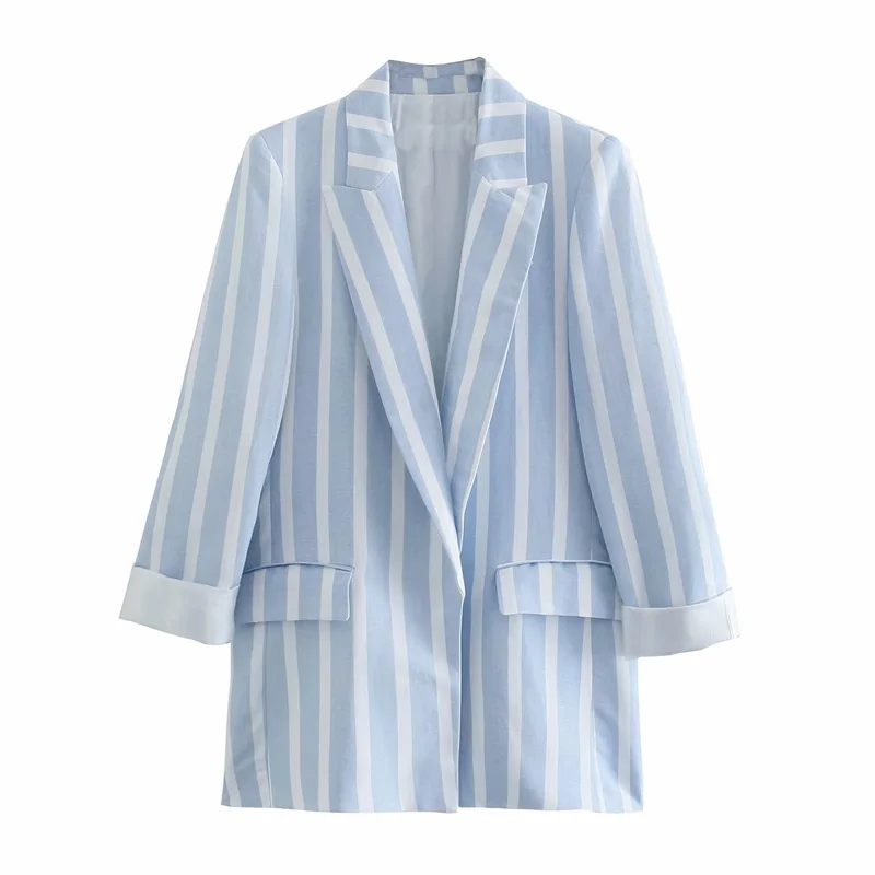 

ZXQJ Women 2021 Fashion Stripe Open Blazer Coat Vintage Long Sleeve Welt Pockets Female Outerwear Chic Coat