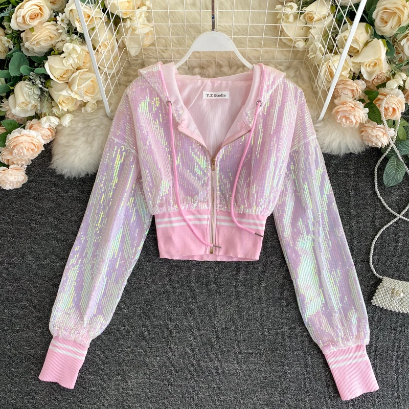 

Bling Bling Sequined Short Design Summer Jacket Women Chic Hooded Bolds Sequines Jacket
