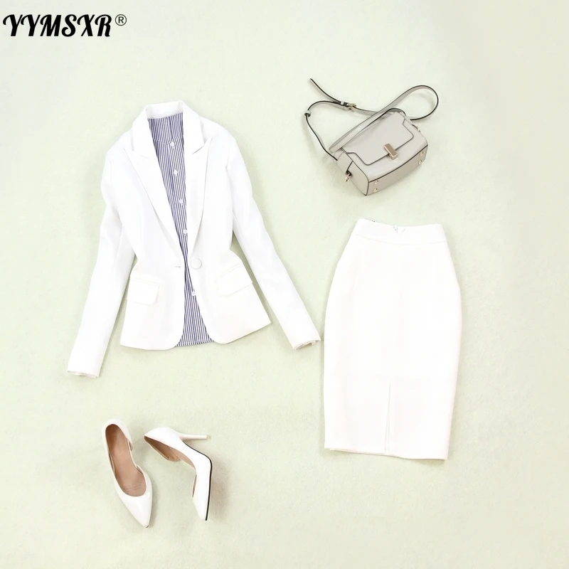 

Women's Suits 2021 Summer New Women's Large Size Single Buckle White Small Suit Jacket Slim Bag Hip Split Skirt Two-piece Suit
