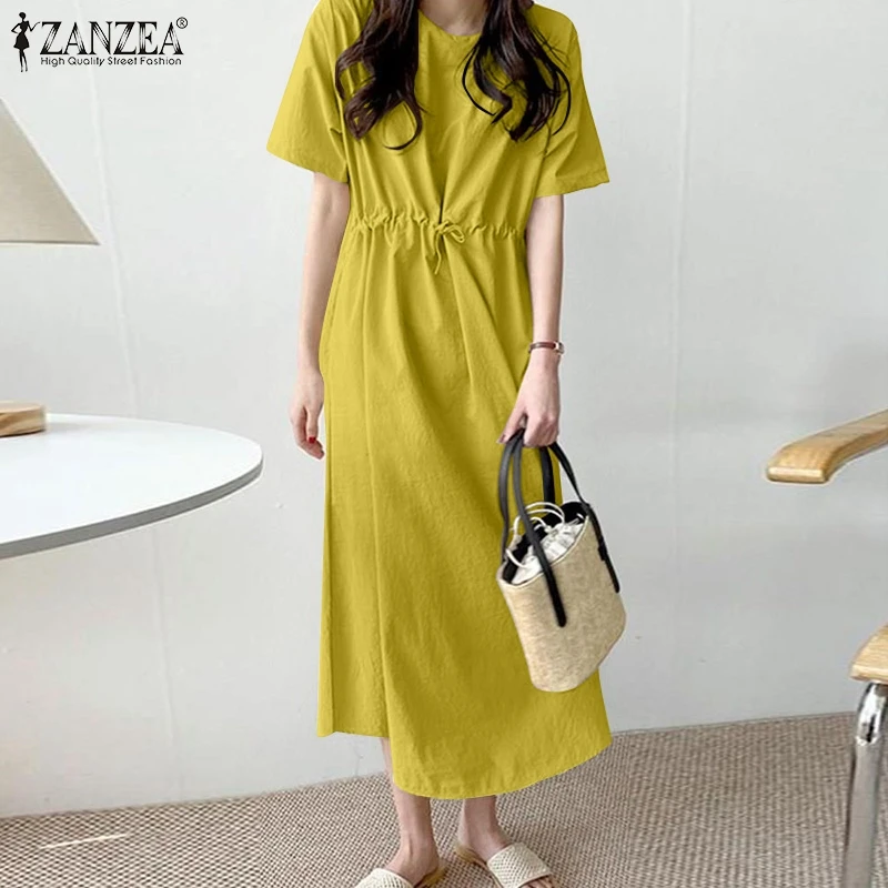 

Платье ZANZEA женское ТРАПЕЦИЕВИДНОЕ с круглым вырезом, элегантный Однотонный сарафан с карманами и коротким рукавом, уличная одежда