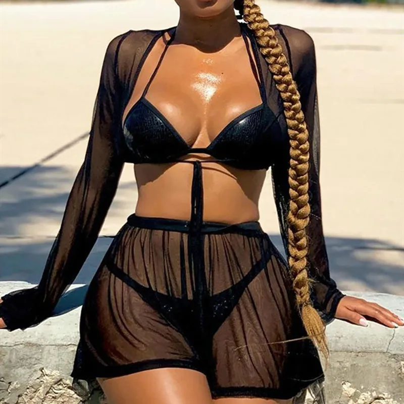 

Sexy Beach Cover Up Bikini Women Swimsuit Cover-up Bathing Suit Beach Wear Swimwear Mesh Tops+Shorts 2pcs Tunic Robe