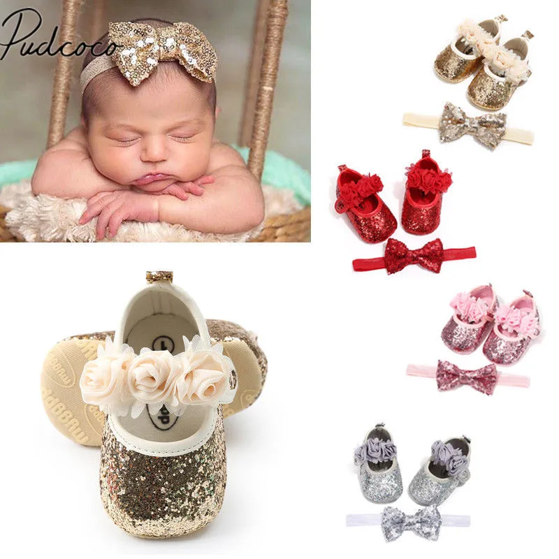 

Newborn Infant Baby Girls Boys First Walkers Summer Crib Shoes 3 Style Sequined Floral Flat Hook Princess Shoes+Headband 2PCS