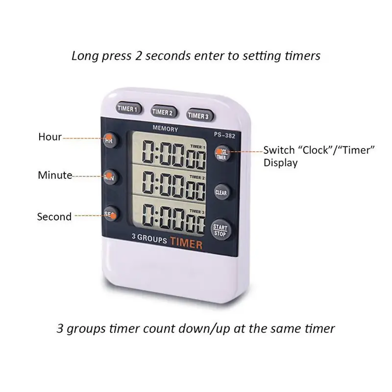 Цифровые кухонные часы с таймером для приготовления пищи 3 канала синхронный