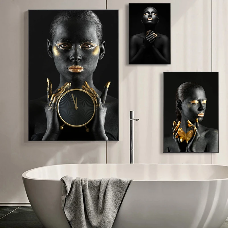 

Black Gold African Sexy Modern Beauty Art Scandinavian Woman Nordic Canvas Painting Poster Print Wall Pictures Living Room Decor