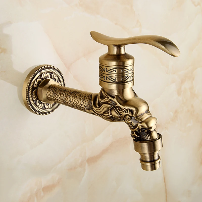 

Antique Style Washing Machine Faucet Brass Retro Extended Faucet Single Cooling g1 / 2 " Wall Mount Bibcock Dragon Carved Wc Tap