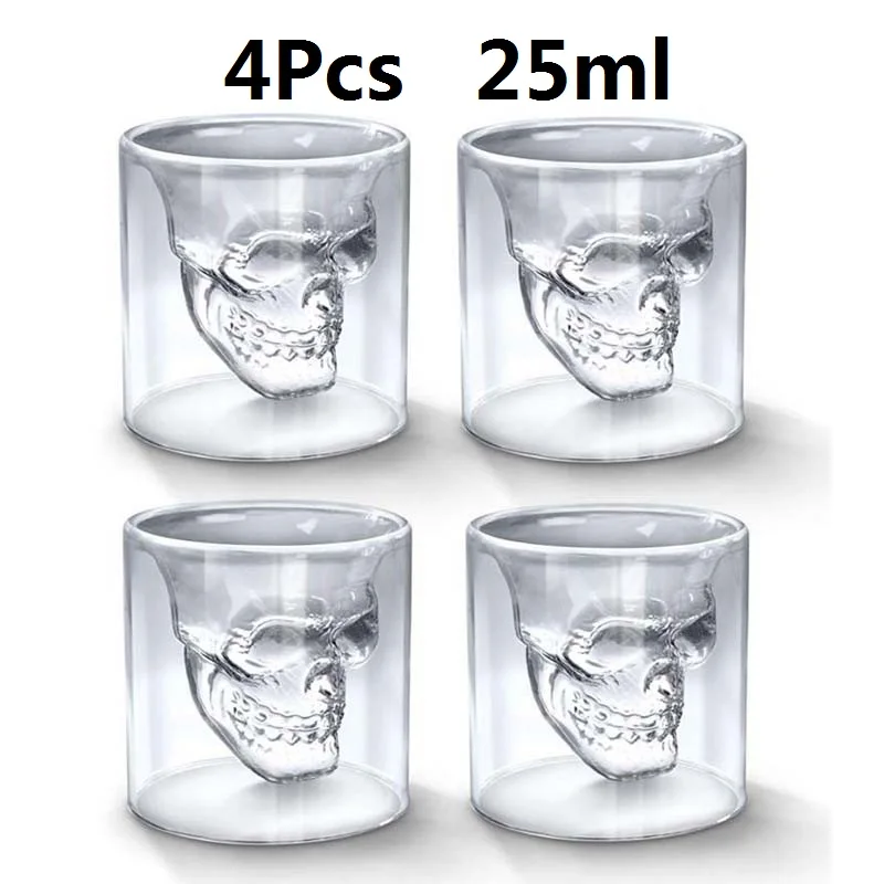 

4Pcs Crystal Skull Head Glass Tea Cup Double Layers Shot Transparent Skull Bottle Whiskey Wine Vodka Bar Club Beer Wine Glass