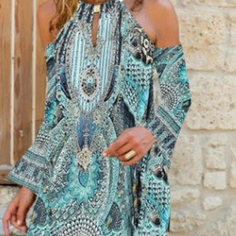 

Summer New Fashion Bohemian Style V-neck Long Sleeve Printed Casual Knee-lenth for Vacation Women Dress A41