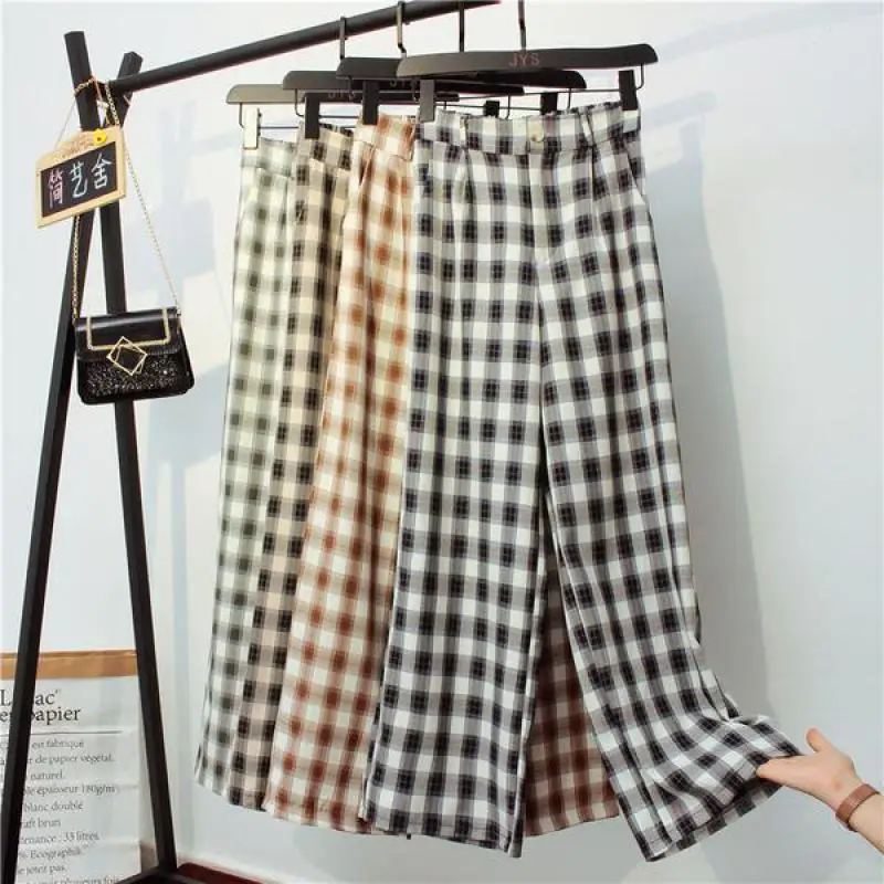 

High Waist Plaid Ice Silk Wide Leg Pants Women New Spring Autumn Thin Loose Straight Trousers Women Casual Pants Women