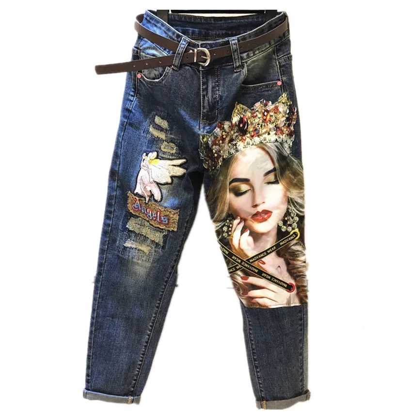 Весна Осень 2020 модные красивые джинсы с вышивкой женские обтягивающие карандаш