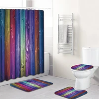4 pcsset 3d wood pattern shower curtains set with 12 hooks home decor flannel anti slip shower room bath mat set for bathroom